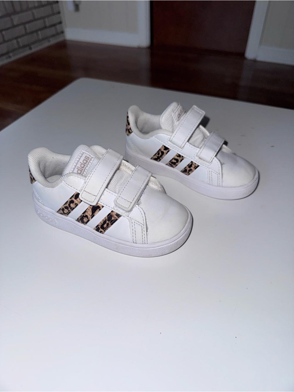 adidas White Kids Sneakers with Leopard Stripe